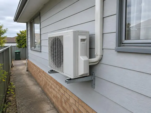 Outdoor air conditioner unit mounted on a brick house wall beside a narrow side path in Pooraka